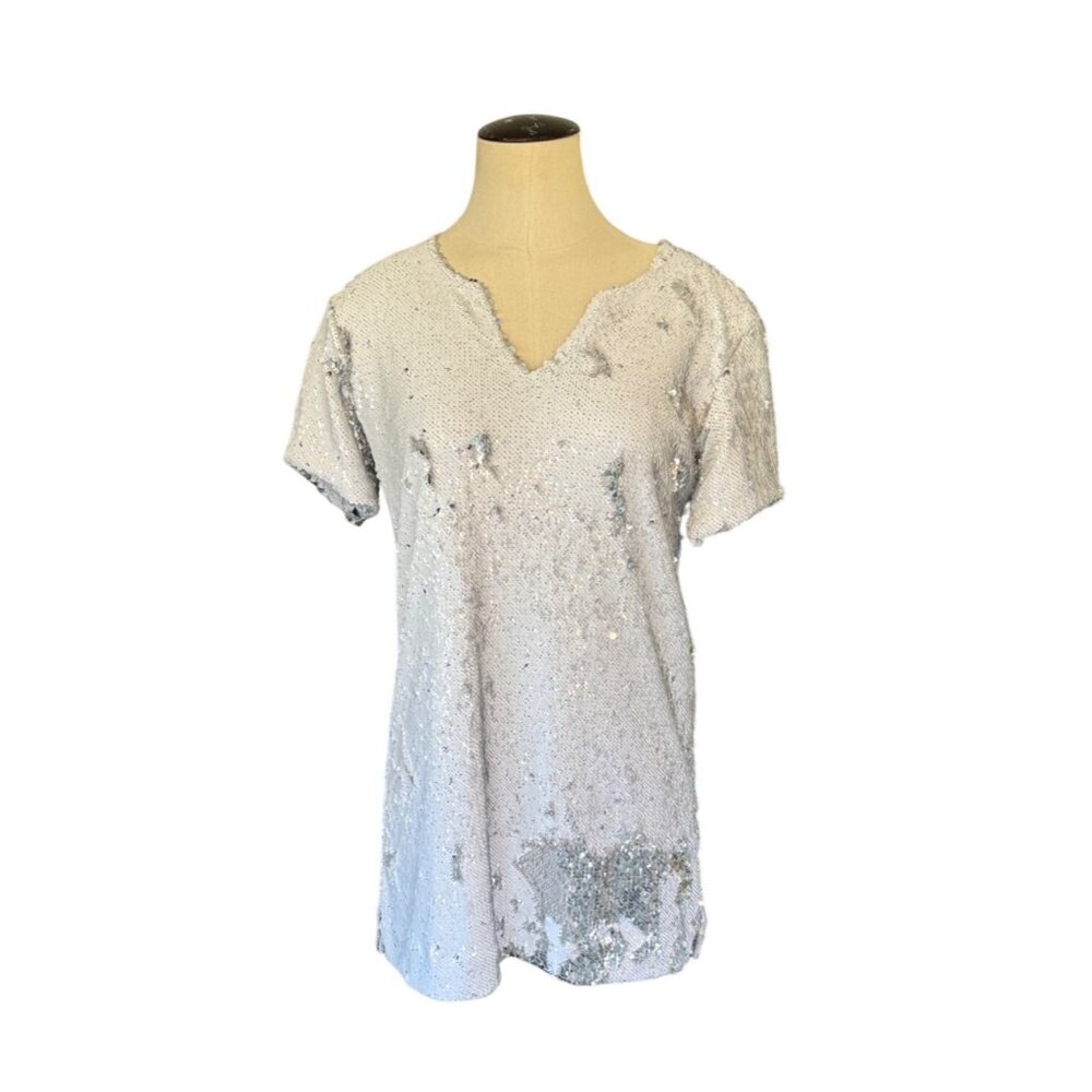 Cavanagh Baker Silver Sequin Short Sleeve V-Neck Mini Dress S - Picture 2 of 14